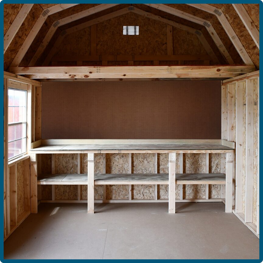 Shed workbench with pegboard